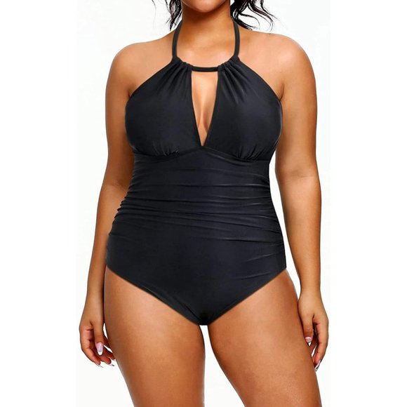 Women's Black One Piece Tummy Control Sexy Halter Swimwear - Picture 3 of 7